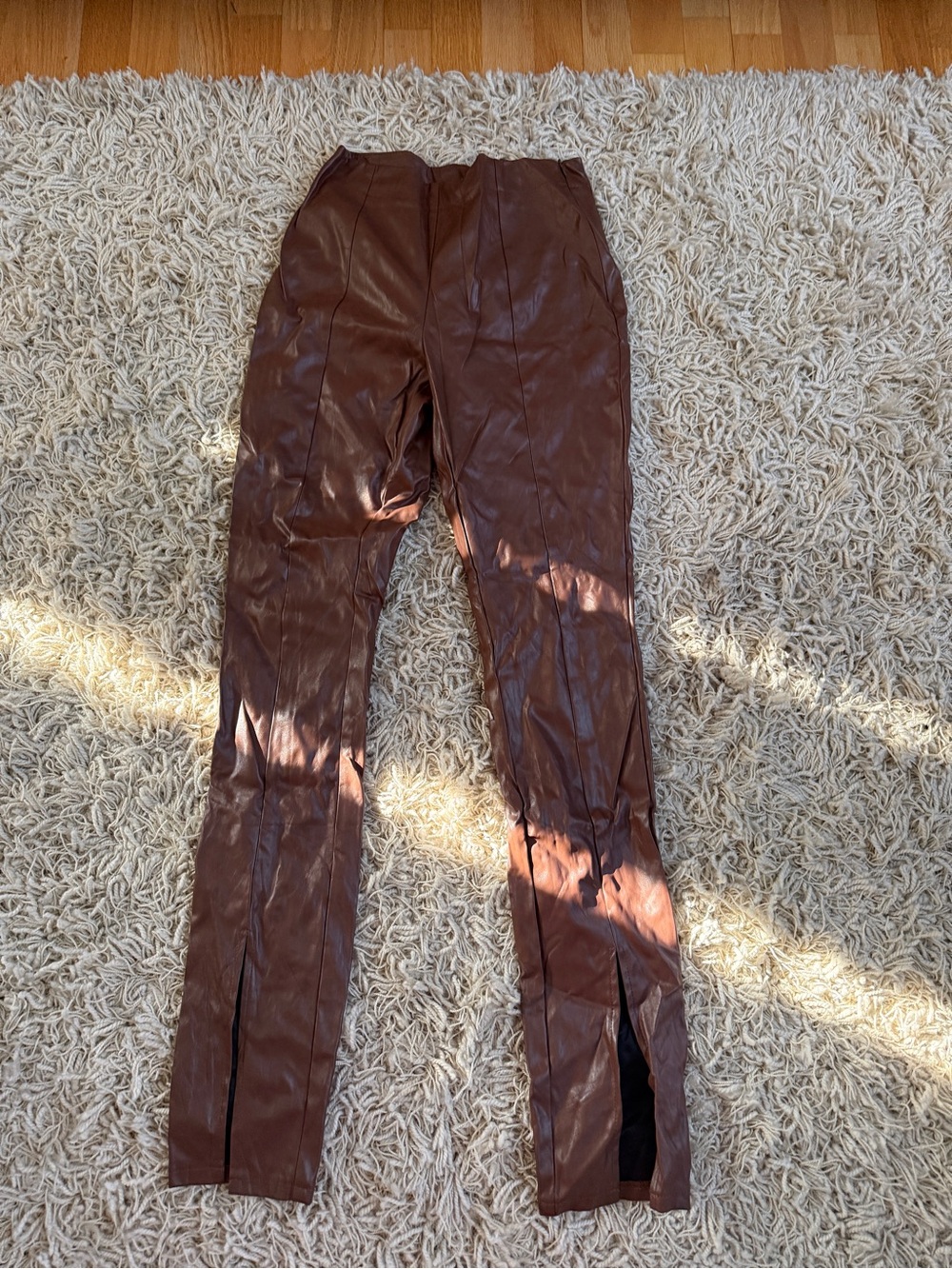 Fashion Nova Brown Faux Leather Flare Pants with Front Slits